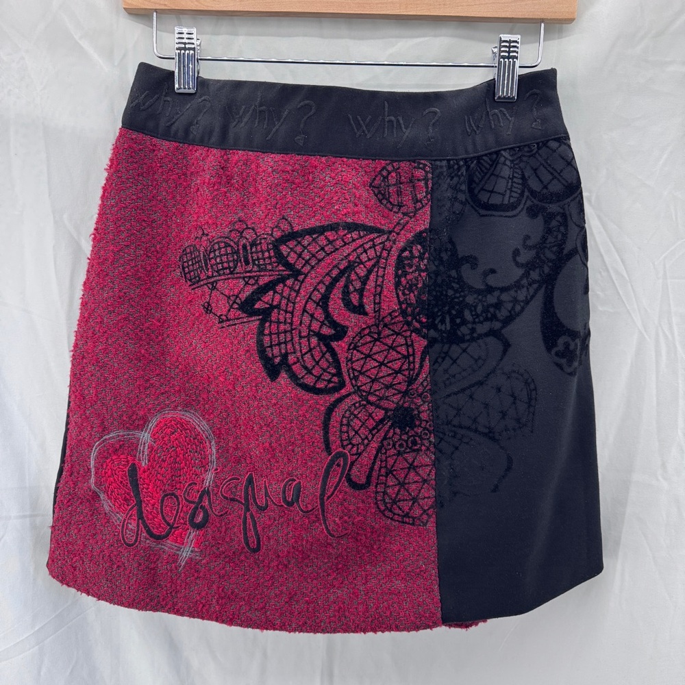 Desigual Red & Black Tweed Mini Skirt Size 38 Wearable Art Embroidered Skirt